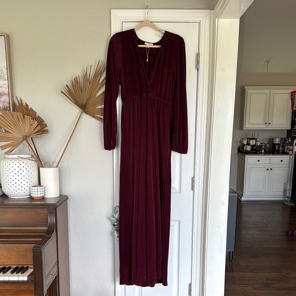 Baltic Born Burgundy Long Sleeve V-Neck Gown